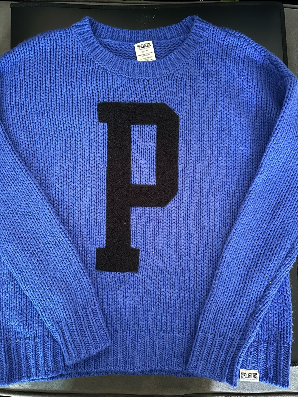 PINK Victoria's Secret Royal Blue Knit Sweater with Black 'P' Logo